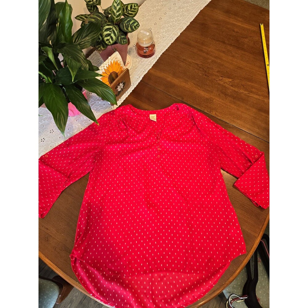 Faded Glory Women's Red White Polka Dot V-Neck 3/4 Sleeve Chiffon Blouse XL